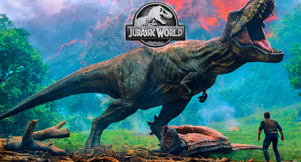 Chris Pratt's character Own Grady stares at a massive T-Rex.